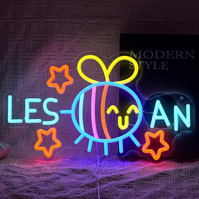 Bee Star Lesbian Neon Sign Dimmable Funny LGBTQ Pride Light up Sign for Wall Decor 5V USB Power Rainbow Bee Neon Light for Bedroom Living Room Store Gay Bar Club Party Girls Gift(16.3*9.8 In) by BNEMCEZHLEDNEONSIGN