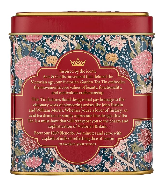 New English Teas Victorian Garden Tea Tin with 32 English Breakfast Teabags – Tapestry Inspired Tin with Decorative Pink Florals (1869 Blend)