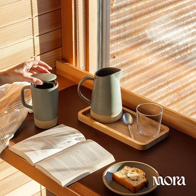 MORA Ceramics Large Tea Mug with Loose Leaf Infuser and Ceramic Lid, 18 oz, Portable, Microwave, Dishwasher Safe, Tall Coffee Cup - Rustic Matte Ceramic Glaze, Modern Herbal Tea Strainer, Peppercorn