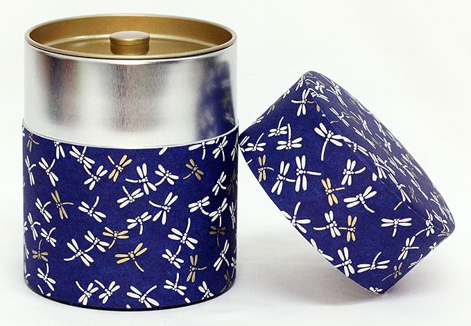 Washi Paper Tea Tin Canister: Wide 7oz (200g) Dragon Fly in Midnight Sky (#121), Japan