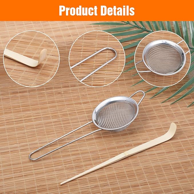 3" Matcha Sifter Small Sifter for Matchaa Strainer Small Mesh Strainer Fine Mesh Stainless Steel Tea Strainers, Bamboo Matcha Scoop Spoon Tools for Measuring