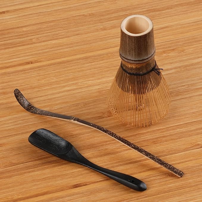 BambooMN Matcha Whisk Set - Chasen (Tea Whisk), Chashaku (Hooked Bamboo Scoop), Deep Scoop - Black - 1 Set