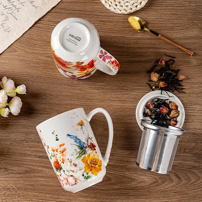 GBhome Tea Mug with Infuser and Lid, 18 Ounce Large Ceramic Loose Leaf Cup, Microwave, Dishwasher Safe, Perfect For Tea Lovers