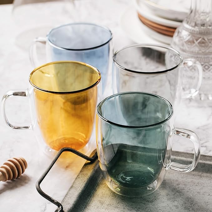 BTaT- Double Walled Glass Coffee Mugs, 12 oz, Set of 4, Colored Glass Coffee Cups with Handle, Insulated Clear Coffee Mug for Hot and Cold Beverages, Cappuccino, Latte, Tea, Americano, Microwave Safe
