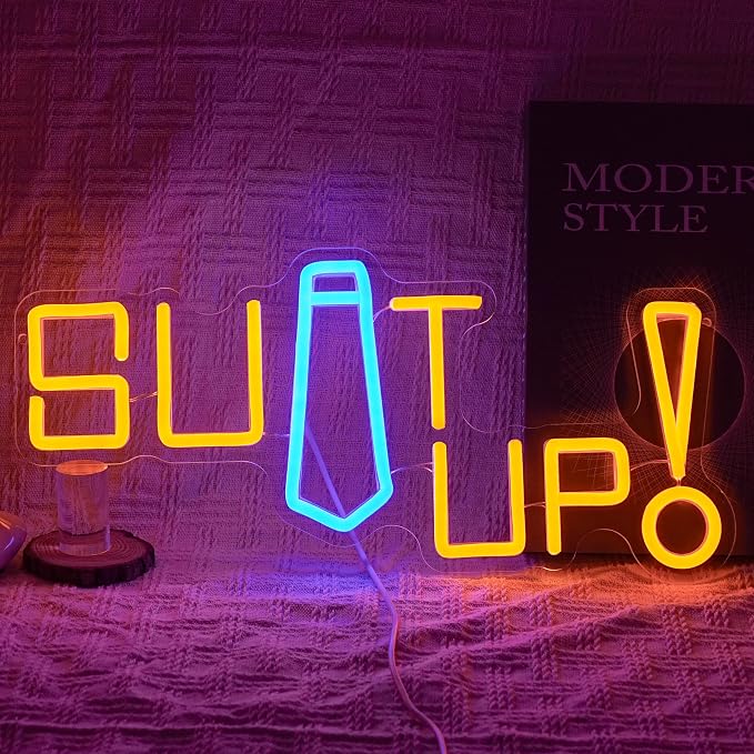 Suit up Neon Sign USB Powered Motivational Word Neon Light Sign Dimmable Fashion Man Tie LED Light Sign for Clothing Store Suit Shop Dressing Room Cloakroom Office Man Cave Party Wall Decor by BNEMCEZHLEDNEONSIGN