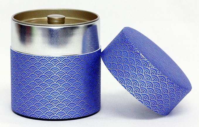Washi Paper Tea Tin Canister: Wide 5.3oz (150g) Deepsea waves (#78), Japan