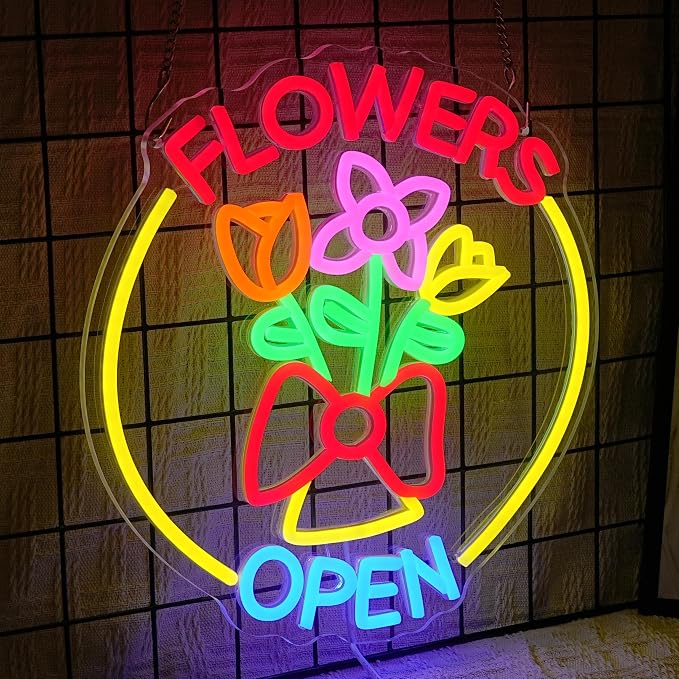 Flowers Open Neon Sign for Business Decor Dimmable Beautiful Flower Shop Neon Light Sign Bright Open Light up Sign for Florist Garden Supermarket Souvenir Store Bar Home Party Window Art Wall - Image 2