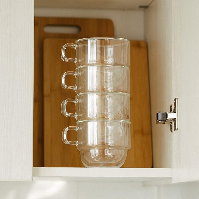 BTaT- Double Walled Stackable Glass Coffee Mugs, 12 oz, Set of 4, Glass Coffee Cups with Handle, Insulated Clear Coffee Mug for Hot and Cold Beverages, Cappuccino, Latte, Tea, Americano