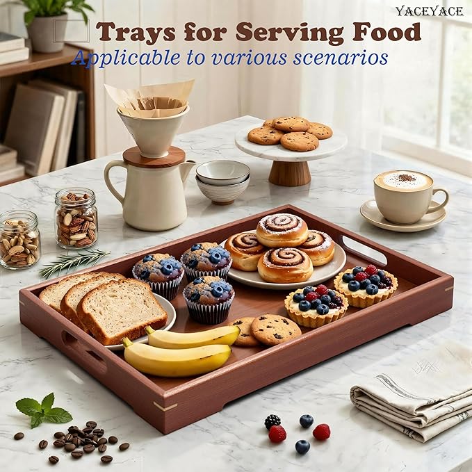 Wooden Tray for Ottoman, 15"x10"x1.5" Medium Wood Serving Tray with Handle for Coffee Table, Dining, Home Decor, Bed, Bathroom, Drink