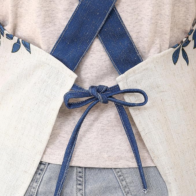 patdrea Blue Floral Linen Apron with Pocket,French Kitchen Garden Chef BBQ Aprons for Women and Men,Crisscross Back Straps - Image 7