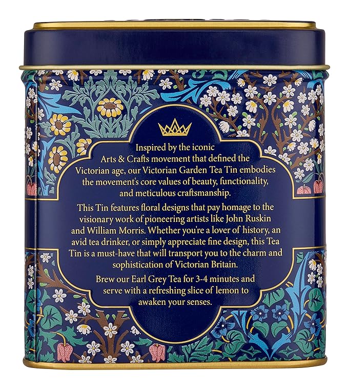 New English Teas Victorian Garden Tea Tin with 32 English Breakfast Teabags – Tapestry Inspired Tin with Decorative Pink Florals (Earl Grey)