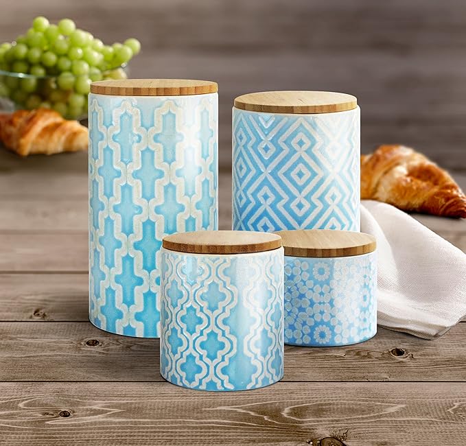 American Atelier Arabesque Canister Set, Ceramic, Blue, 4 Piece (Pack of 2)