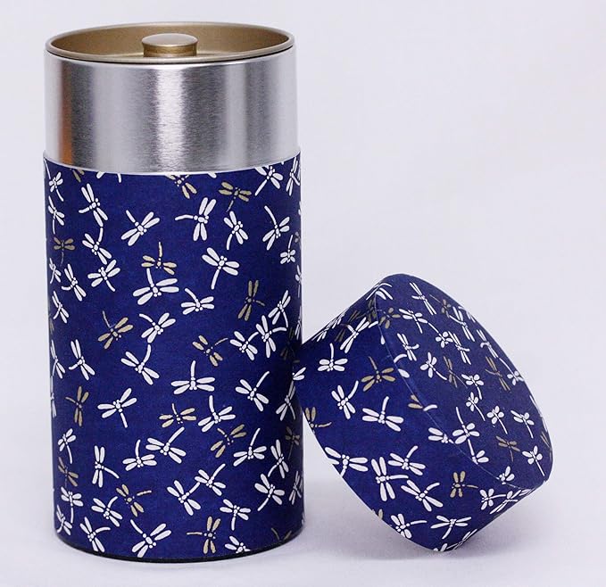 Washi Paper Tea Tin Canister: Long 7oz (200g) Dragon Fly in Midnight Sky (#121), Japan