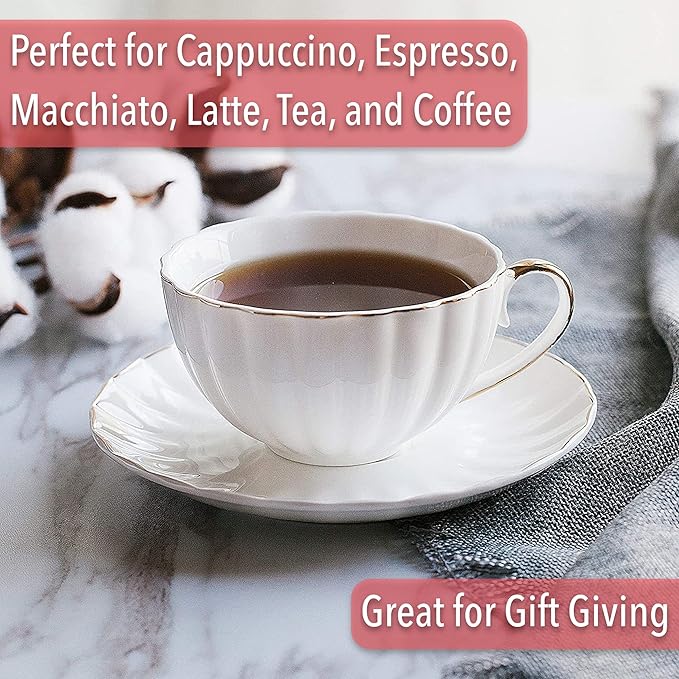 BTaT- Cappuccino Cups with Saucers 7 oz, Set of 6, White Porcelain Coffee Cup and Saucer Set for Latte with Golden Trim Design, Dishwasher Safe, Mocha, Tea, Au Lait, Flat White