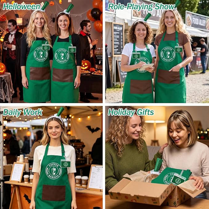 Halloween Coffee Costume Set - Barista Uniforms for Adults | Waterproof Green Aprons, Name Tag, Hairband, Café Attendant Uniform for Adults, Halloween Costume for Party, Role Play Events - Image 6