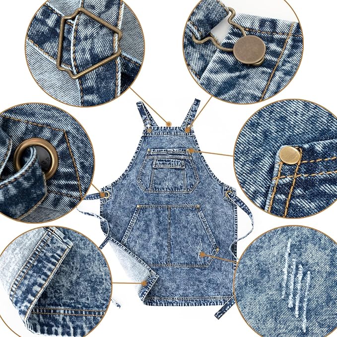 Jeanerlor - Cotton Denim Apron with Pockets for Men - Jean Apron for Hairstylis Cross Straps & Adjustable L to XXL (Denim Blue)