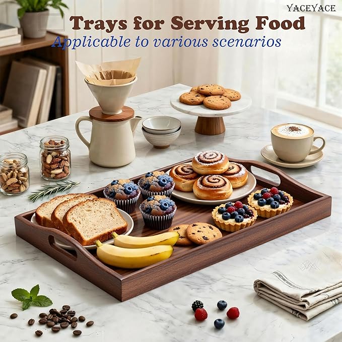 Wood Serving Tray for Ottoman, 15.7"x12"x2" Medium Wodden Serving Tray with Handles for Coffee Table, Wood Trays for Home Decor, Bathroom
