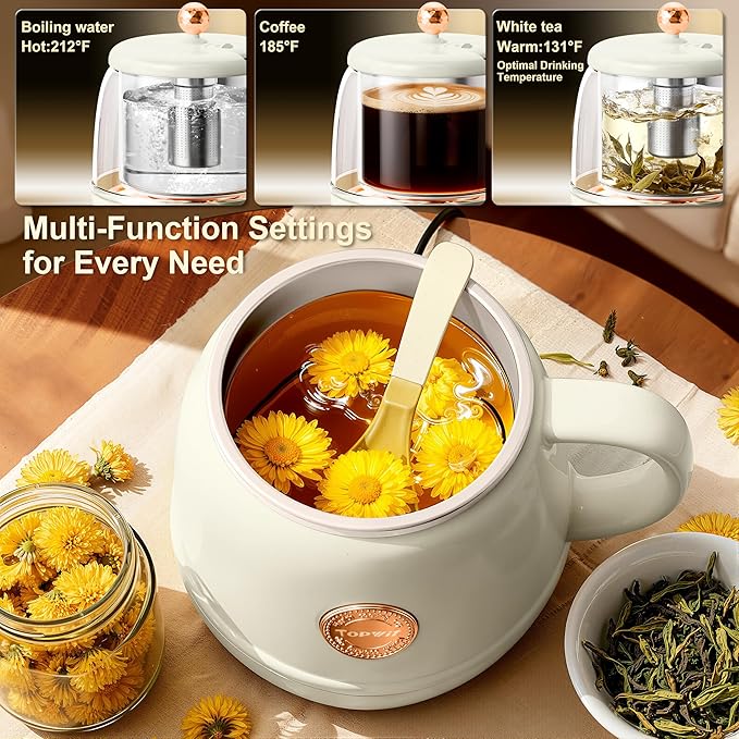 TOPWIT Electric Travel Kettle, 14oz Rapid Heating Up to 212°F, Temperature Control Heating Coffee Mug Warmer for Warm Drinks, Portable Tea Kettle for RV, Camping, Gift for Family/Friends/Elders, 110V