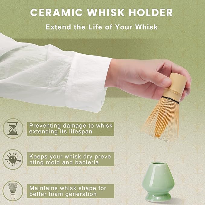 Matcha Whisk and Bowl with Ceramic Matcha Whisk Holder,Matcha Sifter, Matcha Spoon and Scoop Handmade from Natural Bamboo,Matcha Making Kit Cyan, Normal, ZYMC6Pcs01-Cyan
