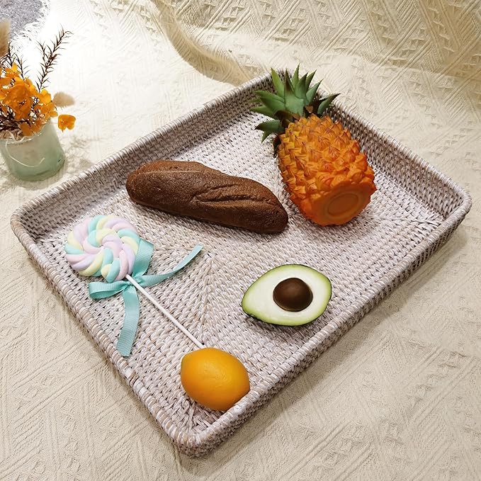 i-lan 17" White Washed Rattan Woven Large Serving Tray Platter for Ottoman,White Rectangular Basket Storage Platter with 2.4” Wall, Decorative Rattan Woven Baskets Tray for Fruits,Table Accessories
