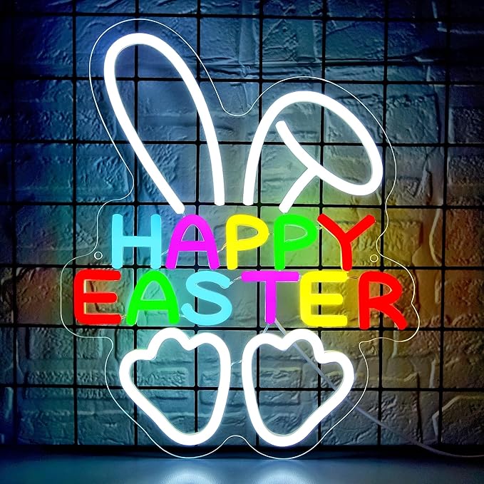 Happy Easter Neon Sign for Wall Decor Easter Bunny Neon Light for Man Cave Kids Bedroom Rabbit LED Light for Birthday Spring Festival Decoration for Nursery Girls Bedroom Size13.8 * 11.2 Inch(P038)