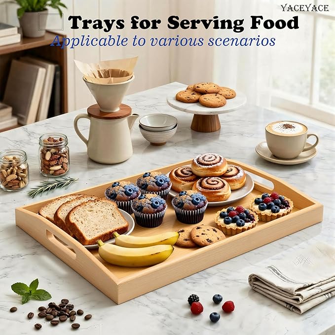 Large Tray for Ottoman Coffee Table, 17.7"x13"x2" Large Bamboo Serving Tray with Handle, Trays for Home Decor, Bathroom,Breakfast, Dining