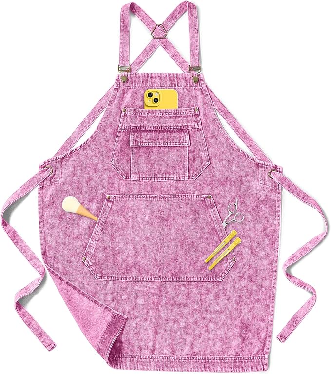 Denim Apron with Pockets for Hair Stylist Gardening Craftsmen Barista Women Hairdresser Jean Work Apron Cross Straps