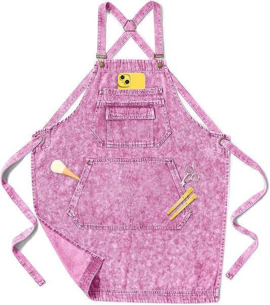 Denim Apron with Pockets for Hair Stylist Gardening Craftsmen Barista Women Hairdresser Jean Work Apron Cross Straps