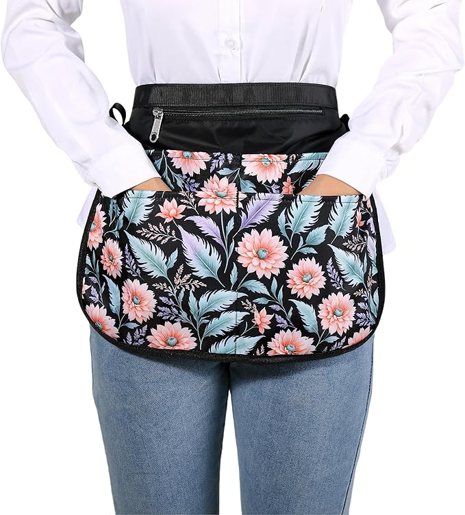 Waterproof Server Apron for Women with 5 Pockets,Quickly Put on and Take off Waitress Aprons,Work Apron for Bartender Barista