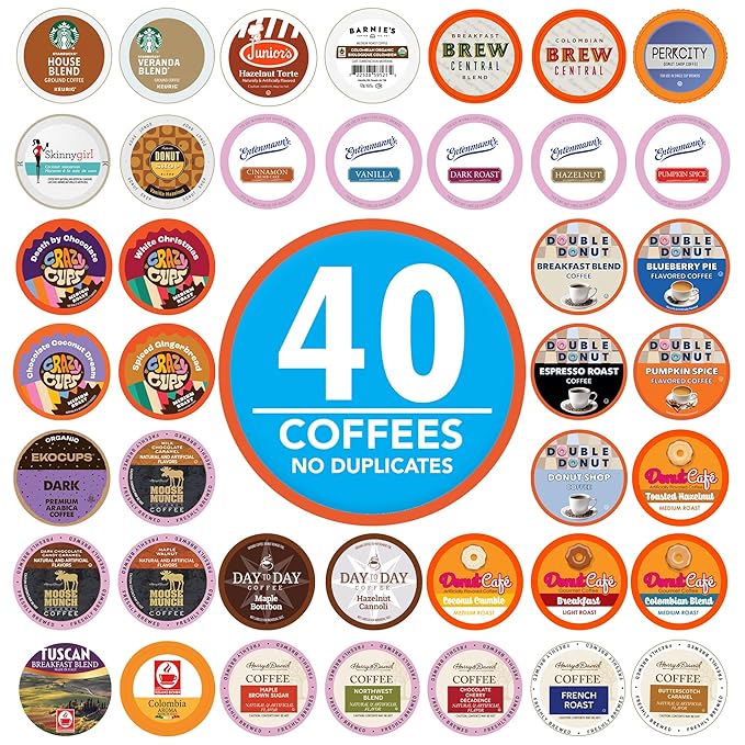 Crazy Cups Coffee Pods Variety Pack Sampler from Top Brands, Assorted Single Serve for Keurig K Cups Coffee Makers, 40 Unique Cups