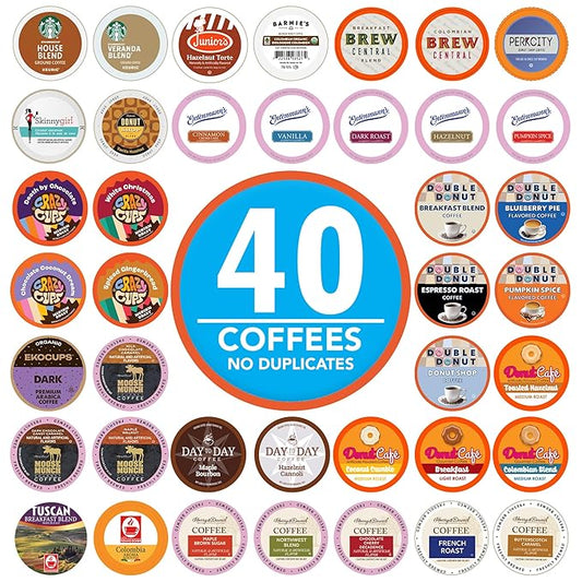 Crazy Cups Coffee Pods Variety Pack Sampler from Top Brands, Assorted Single Serve for Keurig K Cups Coffee Makers, 40 Unique Cups