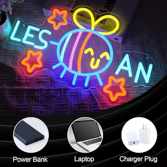 Bee Star Lesbian Neon Sign Dimmable Funny LGBTQ Pride Light up Sign for Wall Decor 5V USB Power Rainbow Bee Neon Light for Bedroom Living Room Store Gay Bar Club Party Girls Gift(16.3*9.8 In) - Image 3