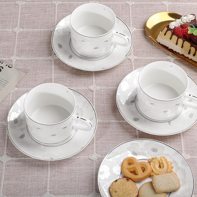 fanquare 7 Ounces Bone China Teacup and Saucer Set for 6, Silver Trimmed Peony Floral Porcelain Coffee Cup with Anti-Slip Design for Home Office Wedding