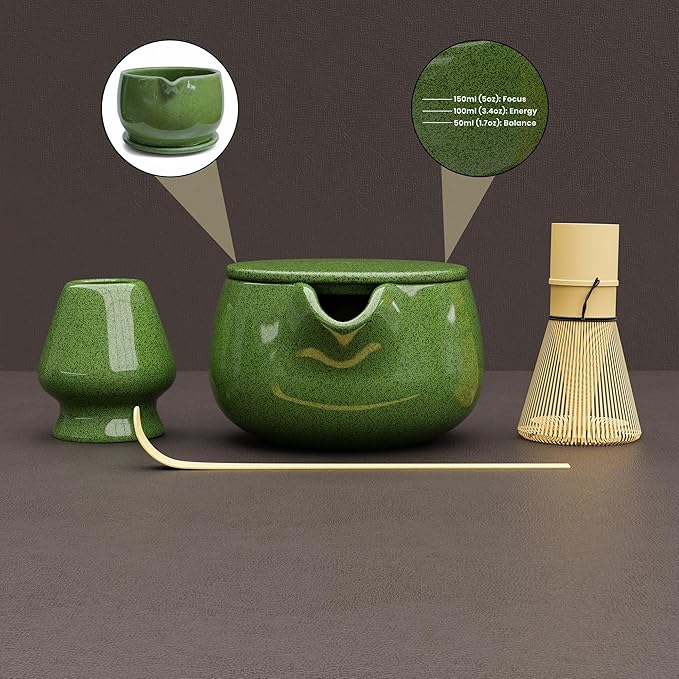 NEXTLUXE Matcha Whisk Set – Matcha Bowl and Whisk Traditional Bamboo Chasen with Ceramic Bowl, Matcha Sets, Matcha Whisk and Bowl, Matcha Sarter Kit - Measurement Lines, Spoon & Lid – Green