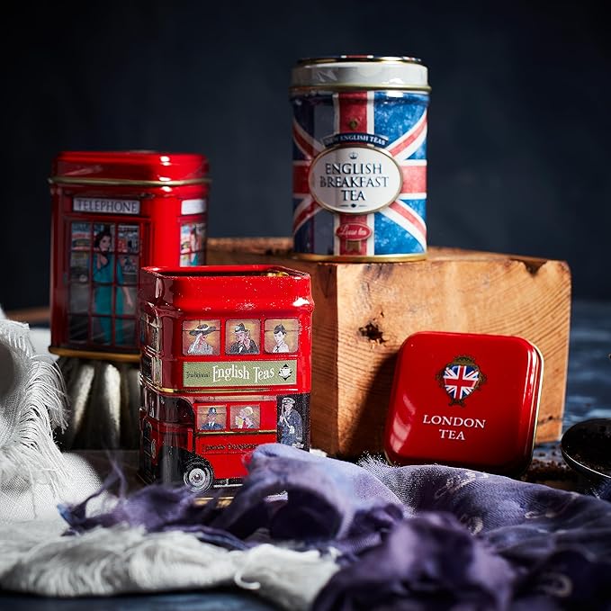 London & British Icons 3x Mini Tea Tins with Fine English Loose Leaf Tea (Union Jack, Red London Bus, Telephone Box)