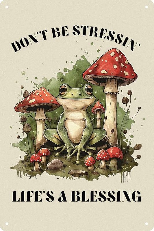 Frog Room Retro Tin Metal Signs Inspirational Quotes Vintage Don't Be Stressin Life Is a Blessing Wall Art Decor for Home Cafe Reading Room Coffee Shop 8x12 in by WSUPBPR