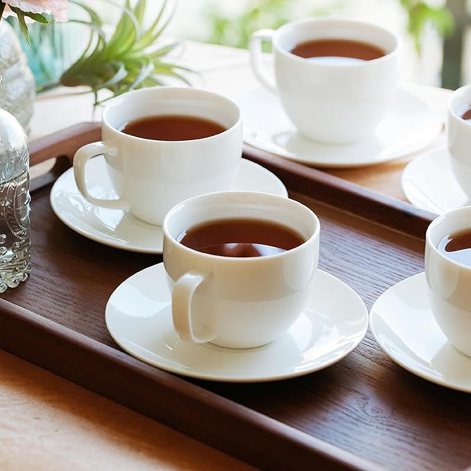 BTaT- Cappuccino Cups with Saucers 8 oz, Set of 12, White Porcelain Coffee Cup and Saucer Set for Latte, Mocha, Tea, Au Lait, Flat White, Dishwasher, Microwave, Freezer and Oven Safe