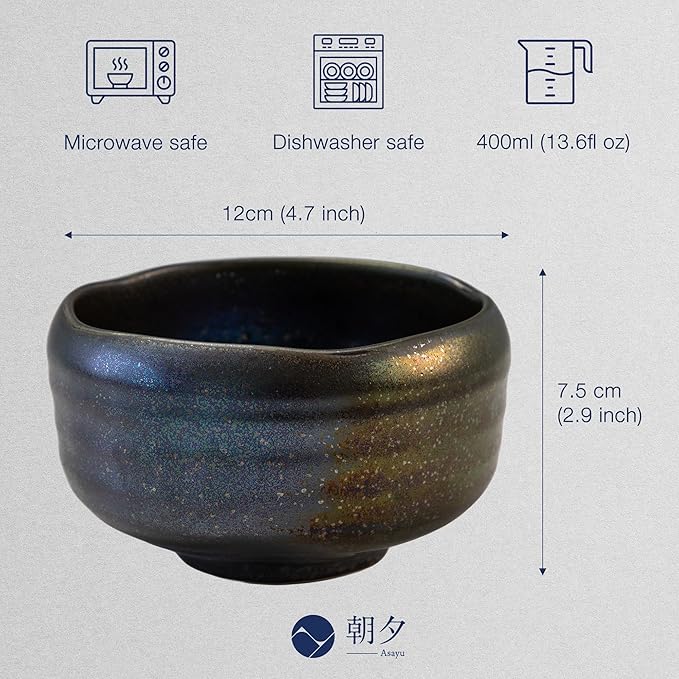 Asayu Japan Matcha Bowl, Handcrafted Starry Night Blue Japanese Ceramic Chawan, Microwave and Dishwasher Safe for Tea Ceremoney, Green Tea, Mino Pottery - Sazanami