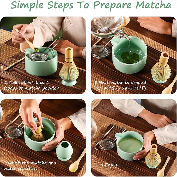 Matcha Whisk Set,Bamboo Matcha Whisk (Chasen),Traditional Scoop(Chashaku),Stainless Steel Sifter,Tea Spoon,Ceramic Holder,Japanese Tea Tools For Ceremony