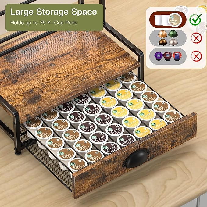 Coffee Syrup Rack Organizer, 3 Tier Countertop Storage Shelves with 35 K Cup Drawer, 8 Syrup Bottle Stand Holder for Wine, Kitchen Coffee Station Organizer Rack, Rustic Brown