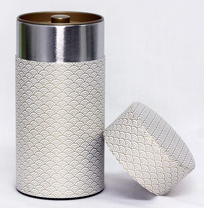 KOTODO Washi Paper Tea Tin Canister: Long 7oz (200g) White Waves with Gold Outlines (#1), Japan