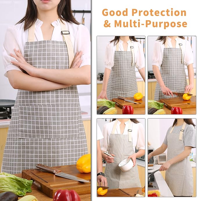 Tosewever 2 Pieces Kitchen Cooking Aprons, Waterproof Linen Adjustable Bib Aprons with 2 Pockets for Women Men Chef (Grey Stripes/Plaids, 2) - Image 5