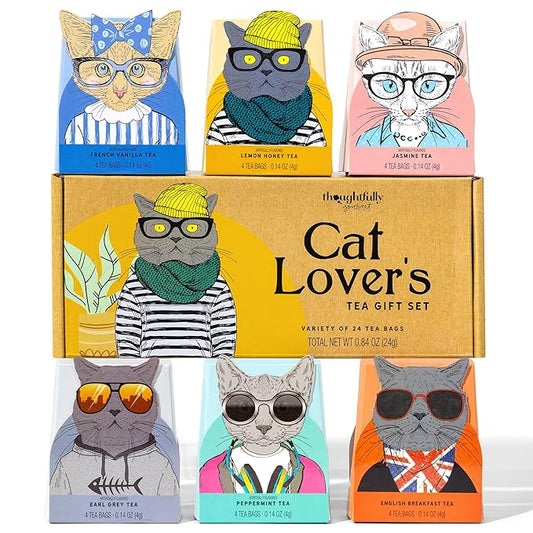 Thoughtfully Gourmet Cat Lover's Tea Gift Set: Includes 24 Teas in 6 Flavors with Stylish Cat Art and Fun Quotes for Cat Moms and Dads, Set of 24