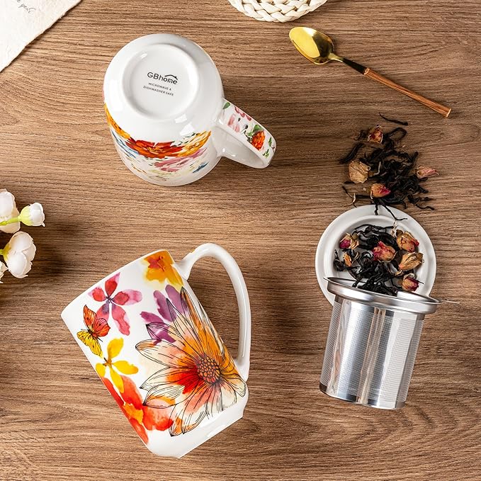 GBhome Tea Mug with Infuser and Lid, 18 Ounce Large Ceramic Loose Leaf Cup, Microwave, Dishwasher Safe, Perfect For Tea Lovers