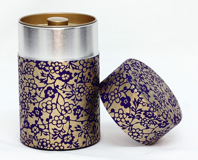 Washi Paper Tea Tin Canister: Long 3.5oz (100g) Purple and gold Flower & Ivy (#80), Japan