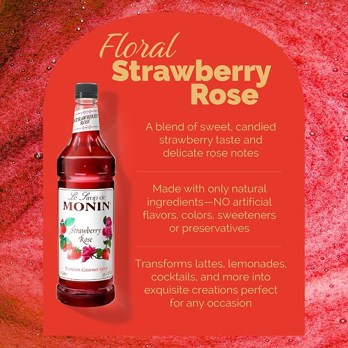 Monin - Strawberry Rose Syrup, Strawberry Rose Flavoring, Flavored Syrup, Coffee Flavoring, Natural Flavoring, Great for Lattes, Teas, Lemonades, Cocktails, & More (1 Liter) - Image 3