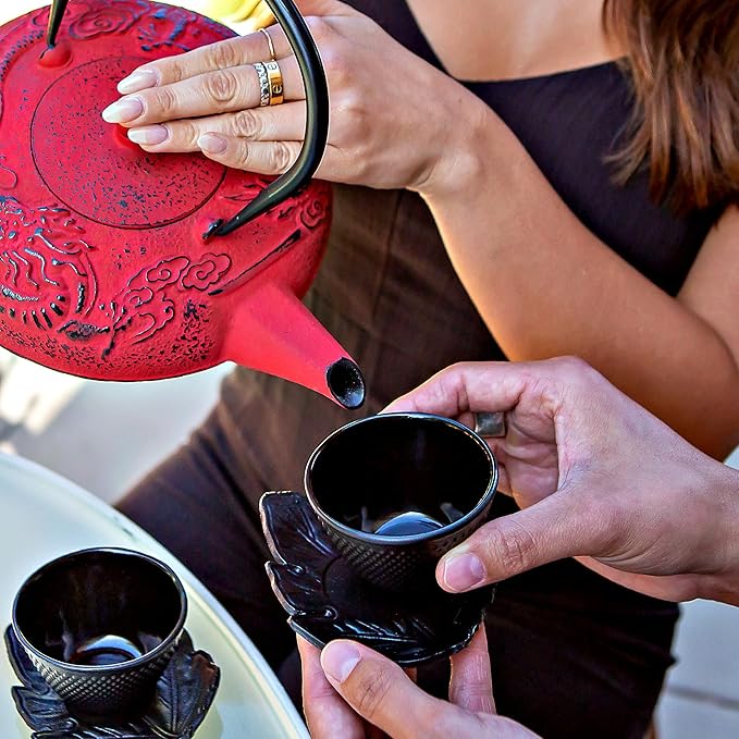 Japanese Tea Cups - 4pc Black Cast Iron Set, 2 Tea Cups and Saucers, 4oz Each