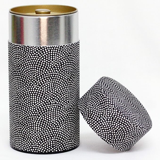 Washi Paper Tea Tin Canister: Long 7oz (200g) Black with White Dotted Shark Scales (#76), Japan
