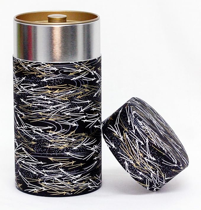 Washi Paper Tea Tin Canister: Long 7oz (200g) White and Gold Scatter Pine Needles (#126), Japan