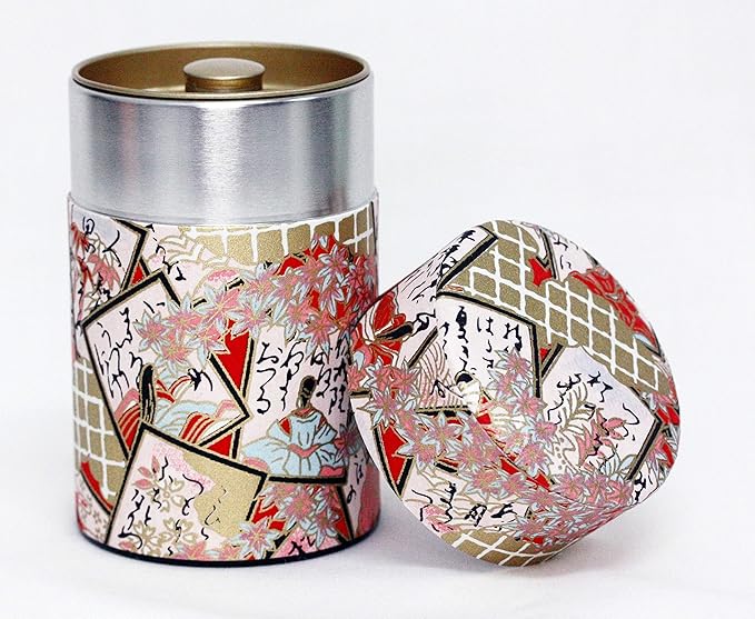 Washi Paper Tea Tin Canister: Long 3.5oz (100g) Japanese Card Game (#118), Japan